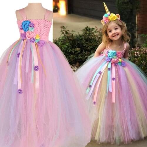 Girls Pastel Unicorn Flower Tutu Dress Kids Fluffy Long Tulle Dress Ball Gown Birthday Party Halloween Unicorn Tutu Costume