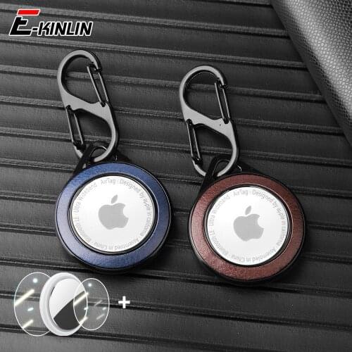 For Airtag Plastic Hard Protective Sleeve Keychain Buckle Cover For Apple Airtags Locator Lichi Leather Case With Hydrogel Film