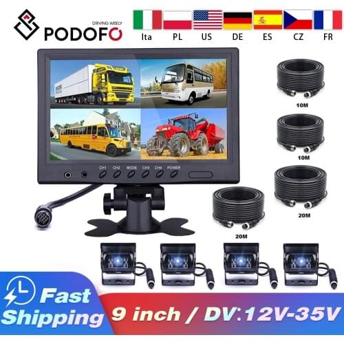 Podofo Vehicle Car Rear View 9" LCD Monitor 4CH Quad Split Screen Truck Caravan Van Motorhome Camper Parking Camera