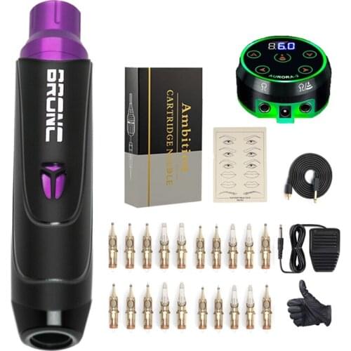 Professional Original Bronc-V8 Rotary Tattoo Machine Pen Swiss Motor With Aurora-2 LCD Digtal Power Cartridge Needle Kit