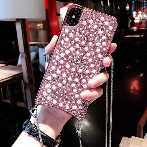 Fashion Handbag Design 3D Full Bling Pearl Diamond Case Cover With Long Metal Chain For Iphone 11 Pro XS Max XR X 8 7 6 6S Plus