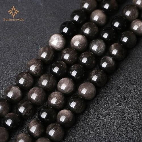 Silvers Natural Stone Color Obsidian Round Loose Spacer Beads For DIY Jewelry Making Bracelets Accessories 15Inches 6 8 10 12mm