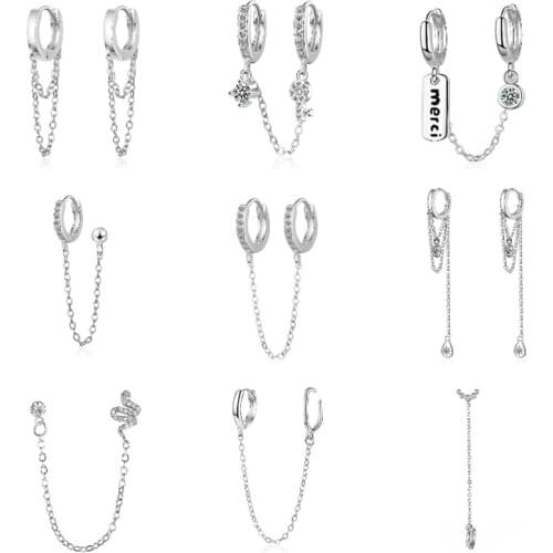 Two Ear Hole Link Chain Circle Ear Cuff Earrings For Women Gold Silver Color Huggie Double Piercing Hoop Earing Female Brincos