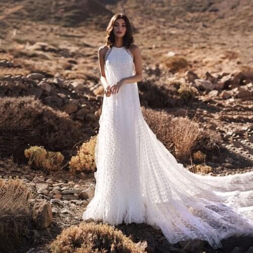 Boho Mermaid White Dots Wedding Dress Ivory Sleeveless O Neck Bridal Gowns Chapel Train A-line Country Bohemian Vestido De Novia