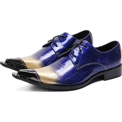 Italian Oxford Blue Patent Leather Luxury Brand Metal Shoes Man High Heels Pointed Toe Dress Wedding Shoes Loafers Size 13