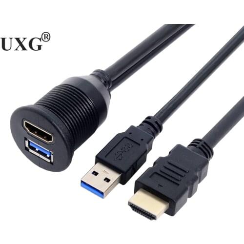 USB 3.0 & HDMI to HDMI + USB3.0 AUX Extension Dash Panel Waterproof Car Flush Mount Cable For Car Boat and Motorcycle 1m 3ft