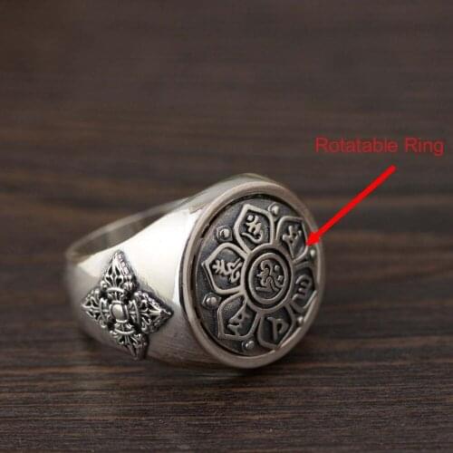 Real 925 Sterling Silver Vintage Ring For Women And Men Buddha Six Words' Mantra Rotatable Ring Fashion Punk Rock Jewelry