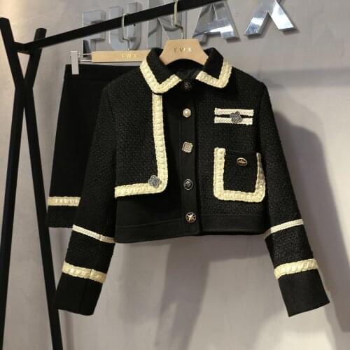 High Quality Fashion Woolen 2 Piece Set Women Single Breasted Tweed Short Jacket Coat + Skirt Suits Winter Outfits For Women