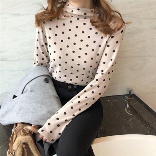 Women Autumn Winter Dot Long Sleeve T-shirts Half High Collar Plus Velvet Slim Bottoming Shirt Long Sleeve Top Inner /outer Wear