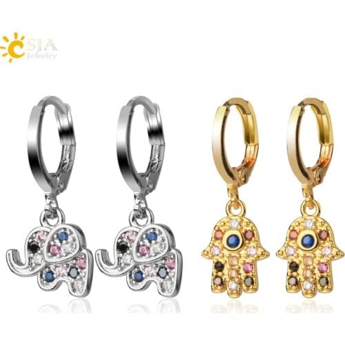 CSJA Colorful CZ Crystal Hamsa Hand Fishbone Earrings for Femme Rose Gold Color Elephant Animal Metal Earring Brincos 2020 S659