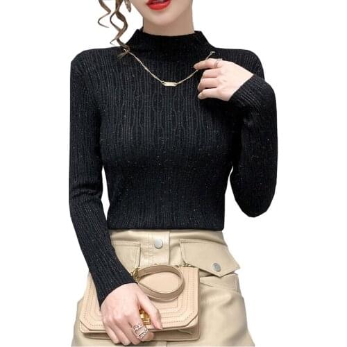 Half High Neck Knitted base Sweater Woman 2021 New Autumn Winter Fashion Black Sweater Slim Womens Long-sleeved Casual Sweater