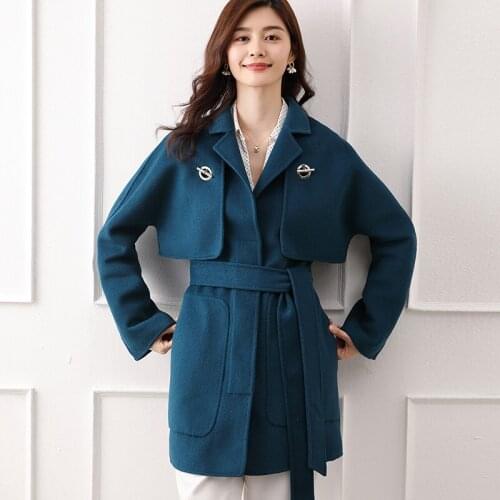 Womens ATTYYWS brand double-sided woolen 100% wool coat lapel full sleeves knitted solid color cardigan cashmere coat Selling