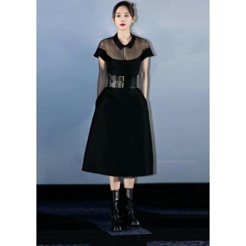 2021 Spring Summer Dress Black Lapel Neck Short Sleeve Empire Fashion Womens Dress