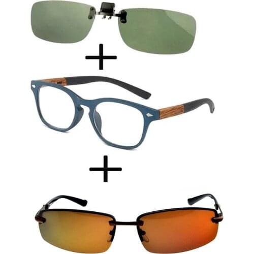 3Pcs!!! Comfortable Wood Squared Frame Reading Glasses for Men Women + Alloy Polarized Sunglasses Outdoor + Sunglasses Clip