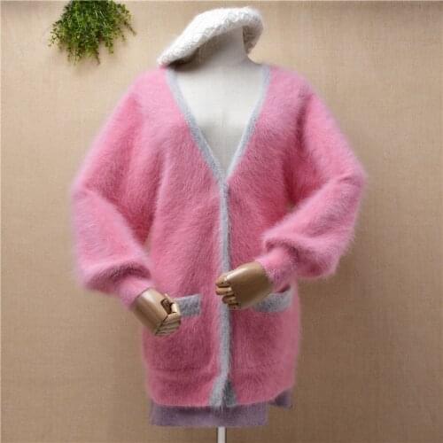 Ladies women fashion sweet pink mink cashmere knitted long lantern sleeves slim v-neck cardigans angora fur jacket coat sweater