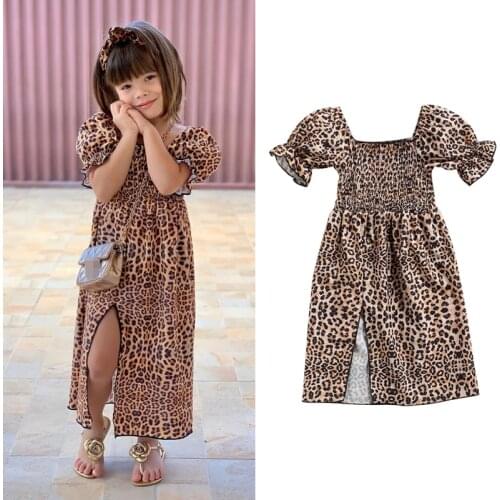 FOCUSNORM 1-6Y Summer Fashion Kids Girls Dress Leopard Printed Ruffles Puff Sleeve Long Dress With Slit