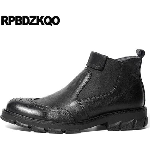 Short shoes british style chelsea mens winter boots warm brogue slip on full grain leather black genuine fall wingtip fur ankle