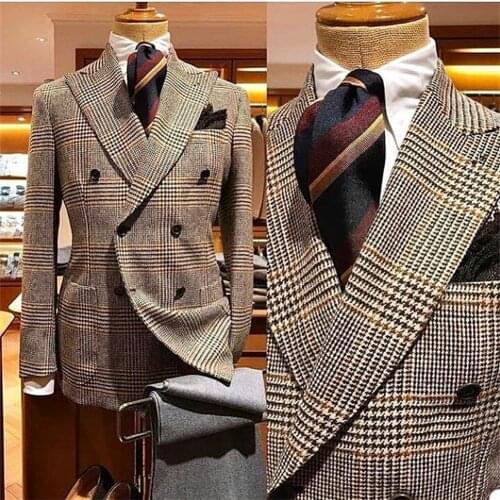 Tuxedos Tweed Handsome Houndstooth Formal Woolen Double Breasted Peaked Lapel Wedding Suits For Mens Custom Made Jacket+Pants