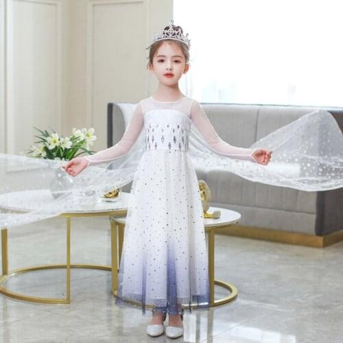 Free Crown Frozen 2 Summer Elsa Child Girl Princess Long Sleeve Dress Anime Cartoon Model Cloak and Lining Height 100-150cm