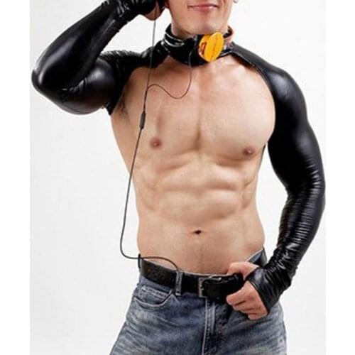 Men Fashion Imitation Fake Leather Pole Dance Costumes Gloves Male Sexy DJ Bodybuilding Sheer Bodysuit Gay Slim Shapewear