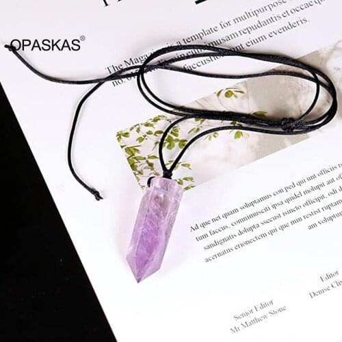 Energy Stone Necklace Natural Purple Crystal Amethyst Hexagonal Pillar Pendant for Men Women PT