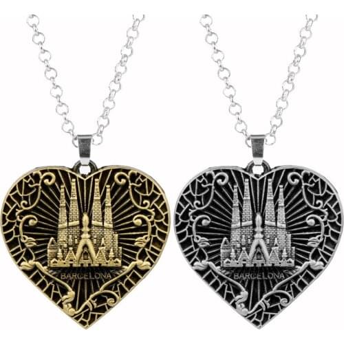 Heart Shape Pendant Necklace Barcelona Collection Sagrada Cathedral Engrave Necklace Fashion Enamel Metal Sight-seeing Gifts
