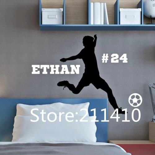 Personalized Name & Number Male Soccer Player Wall Stickers FootballWall Decals For Boys Bedroom Wall Art Mural A275