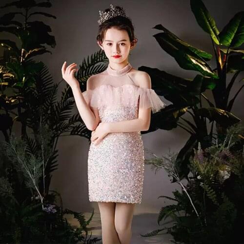 Flower Girl Dresses Appliques Sequined Halter Princess Knee-Length Lace Tulle Off The Shoulder Luxury Pink Kids Party Gown H421