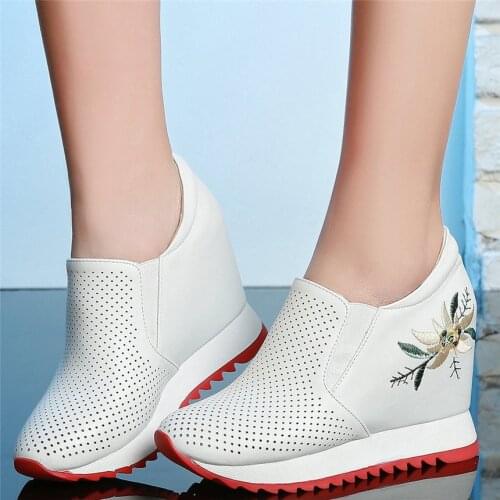 Casual Shoes Women Genuine Leather Wedges High Heel Platform Pumps Shoes Female Breathable Fashion Sneakers Summer Tennis Shoes