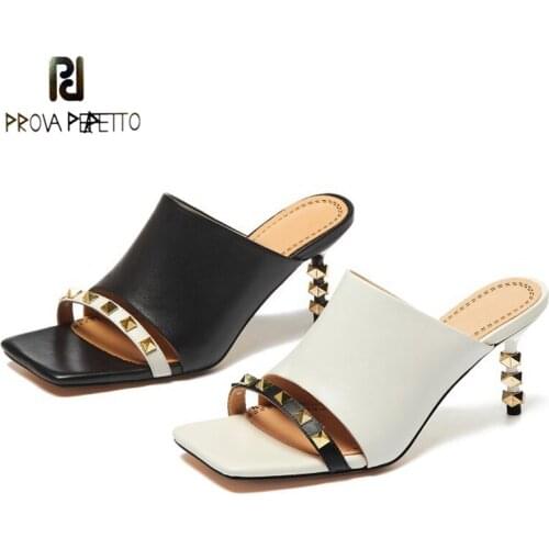 Cowhide Stitching Rivet Square-toe Slippers Female Summer New Product Color Matching Retro Special-shaped High-heeled Sandals