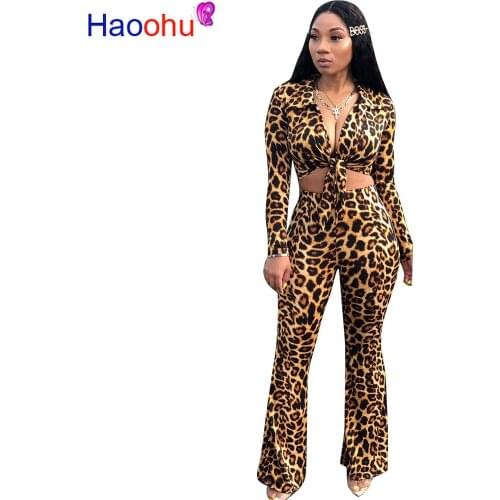 HAOOHU Sexy Leopard Two Piece Outfits Long Sleeve Bandage Crop Top+Flare Pants Set Streetwear Fall 2019 Women Festival Clothing