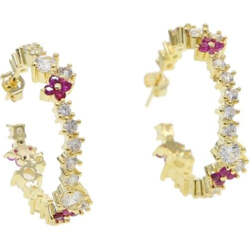 2019 latest design gold color delicate minimal 30mm circle gorgeous jewelry rainbow colorful cz multi pierced hoop earrings