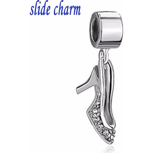 Slide charm Free shipping Mothers Day rhinestones the luxury brands heels drape beads fit Pandora charm bracelet Christmas