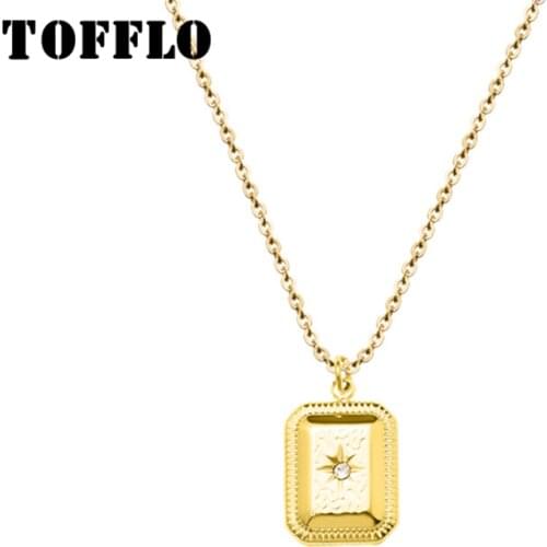 TOFFLO Stainless Steel Jewelry Water Drop Square Oval Texture Pendant Necklace Womens Fashion Zircon Clavicle Chain BSP428
