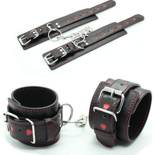 Womens Lingerie PU Leather Sexy Handcuffs Black Hollow LOVE Restraints Foot Cuffs Bdsm Sex Toys for Couples Bondage Erotic Toys