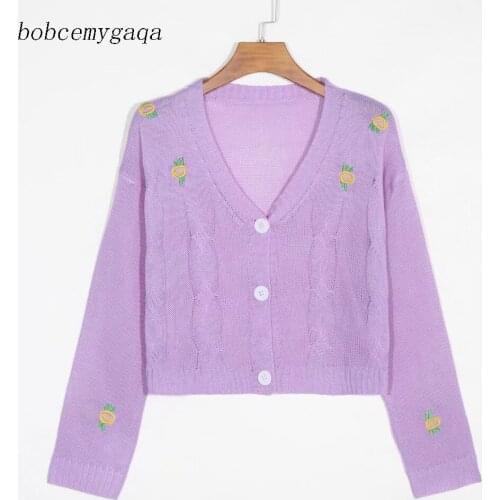 Winter Embroidery Cardigan Sweater Women Button Up V Neck Long Sleeve Short Sweater Casual Knitted Cardigan