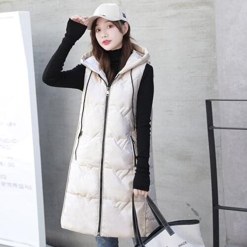 ISENMAL Winter Womens Long Vest Solid Hooded Sleeveless Jacket Stand Collar Cotton Padded Thick Casual Outwear Waistcoat