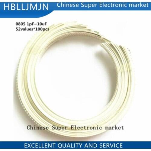 0805 SMD Ceramic Capacitor Assorted Kit 1pF~10uF 52values*100pcs=5200pcs Chip Ceramic Capacitor Samples kit