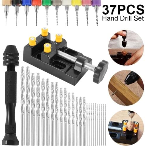 37pcs Micro Aluminum Hand Drill With Keyless Chuck HSS Twist Drill Bit Woodworking Drilling Rotary Tools Hand Drill Manual