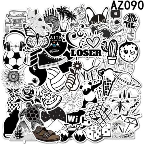 50pcs/SET Black White Style Cartoon Sticker Waterproof Car Laptop Skateboard Surfboard Luggage Bicycle Kids Toy Home Decor