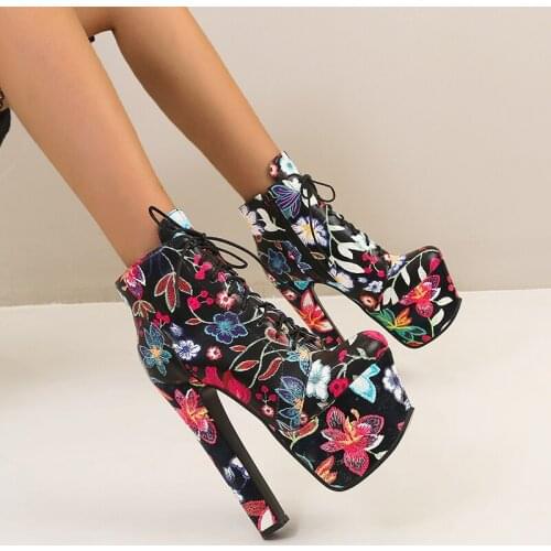 Fashion Flower Ankle Boots Women Shoes Platform Ultra High Heels Short Boots Lace-up Boots Winter Ladies Shoes Large size 45 46
