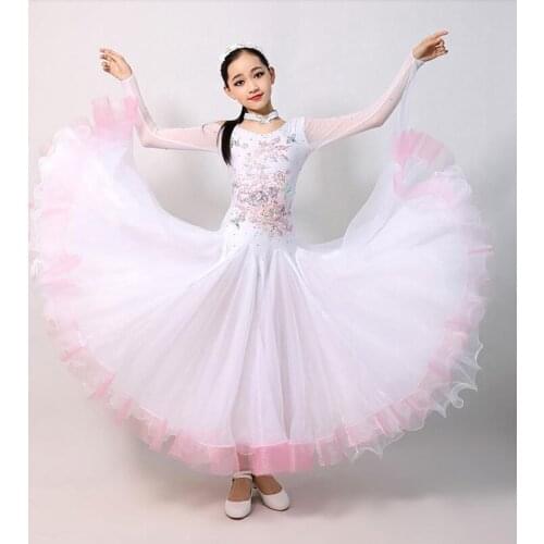 Children White Ballroom Dance Dresses Elegant Long Sleeve Waltz Competition Dancing Skirt Girls Standard Classical Dance Dress