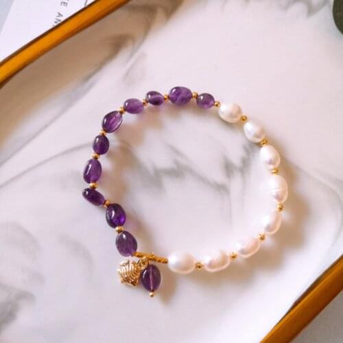 FYJS Unique Light Yellow Gold Color Irregular Shape Amethysts Stone Elastic Bracelet with Pearls Jewelry