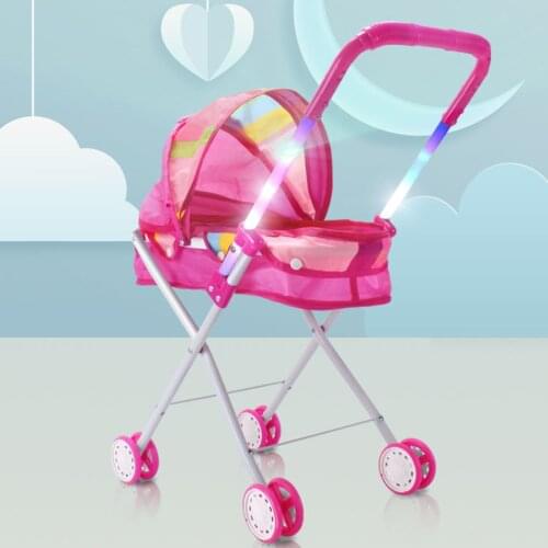 Simulation Pink Foldable Baby Doll Stroller With Hood Kids Playhouse Toys