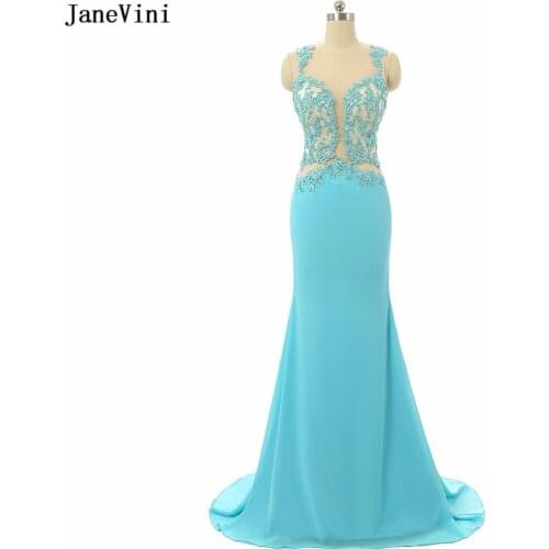 JaneVini Elegant Mermaid Chiffon Plus Size Long Bridesmaid Dresses Sheer Neck Appliques Beaded Backless Formal Prom Dresses 2018