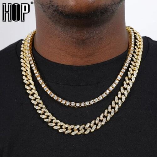 Hip Hop 2PCS KIT 13MM Cuban Chain 5MM Tennis Chain Rhinestone Miami Zircon Bling Iced Out Necklace For Men Women Jewelry