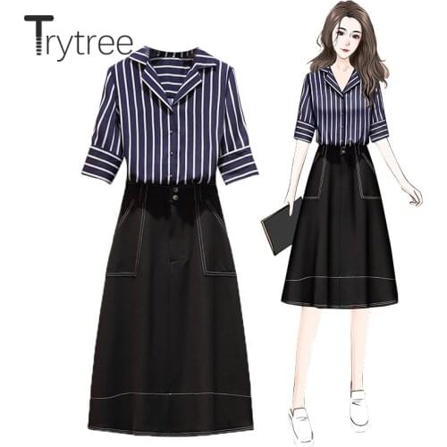 Trytree 2021 Summer Two piece set Casual Striped Single Breasted Blouse + Pockets Knee-Length Skirt Office Lady 2 Piece Set