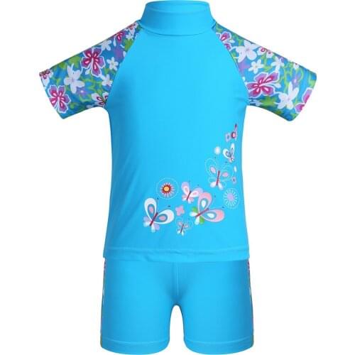Short Sleeve Girls Swimwear Set Children Tankini Floral Two Pieces Kids Swimsuit Beachwear UPF 50+ Sun Protective Bathing Suit