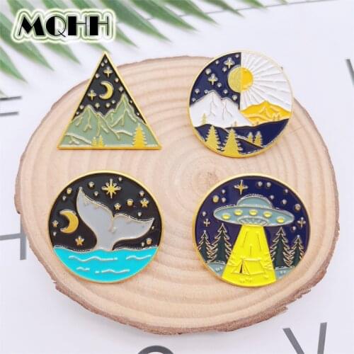 Cartoon Circle Landscape Map Mountain Peak Sunrise Night Sky Enamel Pins Whale Star Moon Alloy Brooch Badge Jewelry Gift For Kid