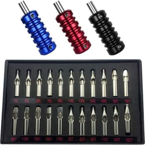 22PCS Stainless Steel Tattoo Nozzle Tips and 3pcs Tattoo Grip Set Round Diamond Magnum DT RT FT Tattoo Tips Mixed For Tattoo Sup